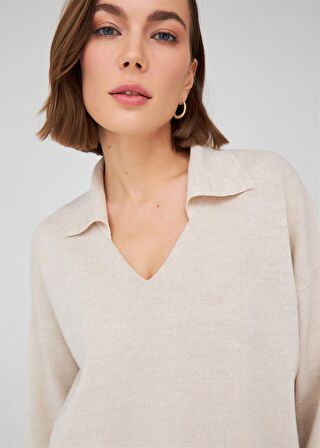 Peraluna Polo V Yaka Bol Kesim Kadın Triko Kazak Ekru Melanj