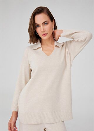 Peraluna Polo V Yaka Bol Kesim Kadın Triko Kazak Ekru Melanj