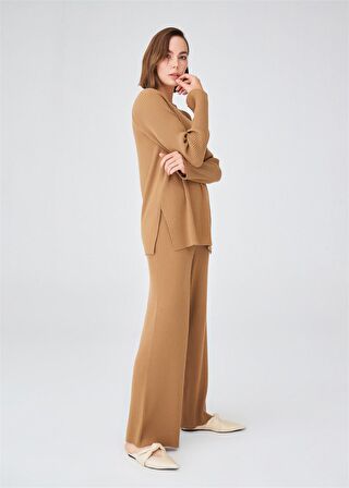 Peraluna Yırtmaçlı Bol Kesim Kaşmir Karışım Kadın Triko Kazak Camel