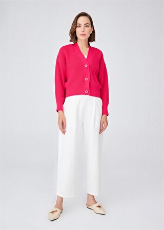 Peraluna Selanik Örgü %100 Pamuk V Yaka Kalın Hırka Azalea Pink