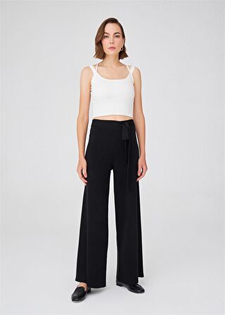 Peraluna Boru Paça Yüksek Bel Kadın Triko Pantolon Siyah