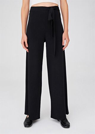 Peraluna Boru Paça Yüksek Bel Kadın Triko Pantolon Siyah