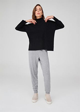 Peraluna Balıkçı Yaka Boğazlı Bol Kesim Kadın Triko Kazak Siyah