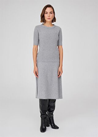 Peraluna Bisiklet Yaka Yarım Kol Kaşmir Karışım Kadın Triko Bluz Gri Melanj