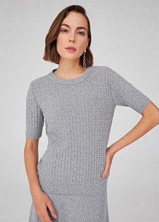Peraluna Bisiklet Yaka Yarım Kol Kaşmir Karışım Kadın Triko Bluz Gri Melanj