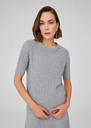 Peraluna Bisiklet Yaka Yarım Kol Kaşmir Karışım Kadın Triko Bluz Gri Melanj