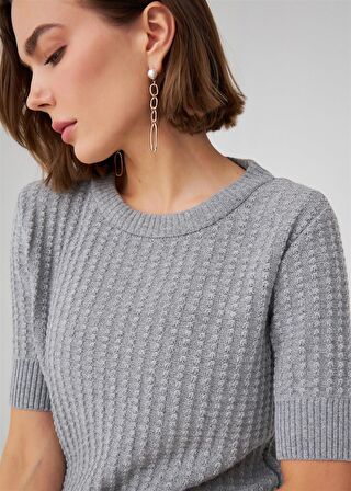 Peraluna Bisiklet Yaka Yarım Kol Kaşmir Karışım Kadın Triko Bluz Gri Melanj