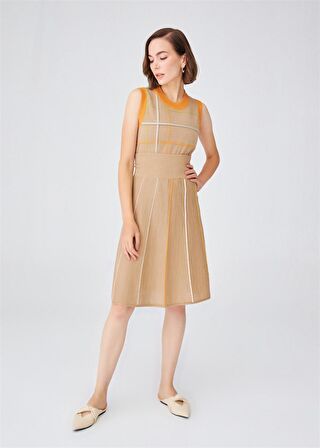 Peraluna Çizgili Yüksek Bel Bol Kesim Diz Altı Kadın Triko Etek Camel Melanj