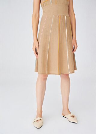 Peraluna Çizgili Yüksek Bel Bol Kesim Diz Altı Kadın Triko Etek Camel Melanj