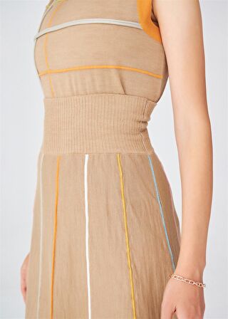 Peraluna Çizgili Yüksek Bel Bol Kesim Diz Altı Kadın Triko Etek Camel Melanj