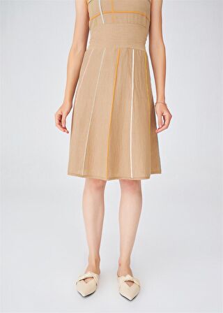 Peraluna Çizgili Yüksek Bel Bol Kesim Diz Altı Kadın Triko Etek Camel Melanj