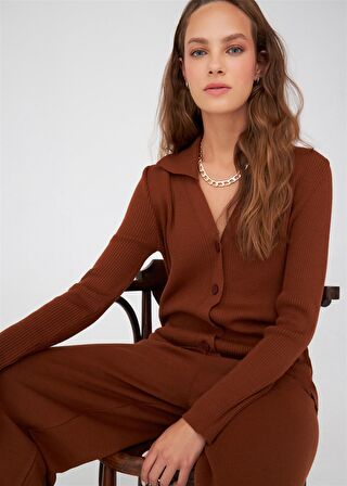 Peraluna Polo V Yaka Ribana Örgü Fit Kesim Kadın Triko Hırka Kahve