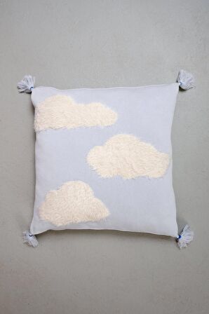 Peraluna CLOUDY PILLOW Pamuklu Bulut Desenli Triko Yastık Kılıfı 60X60 CM Açık Mavi/Ekru