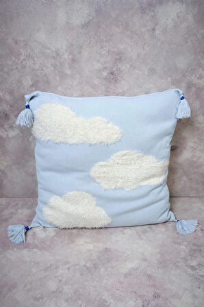 Peraluna CLOUDY PILLOW Pamuklu Bulut Desenli Triko Yastık Kılıfı 60X60 CM Açık Mavi/Ekru