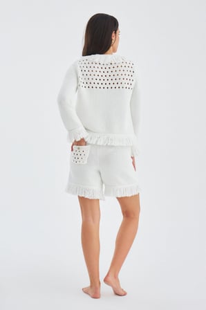 Peraluna MIYOKİ CARDIGAN & SHORTS Mevsimlik Pamuklu Kadın Triko Takım Şort Kırık Beyaz