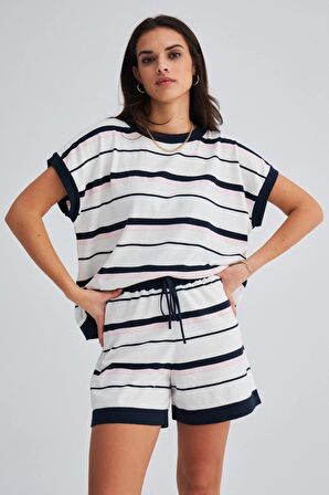 Peraluna MARINE BLOUSE & SHORTS %100 Pamuk Yazlık Kadın Triko Şort Takım Lacivert/Ekru