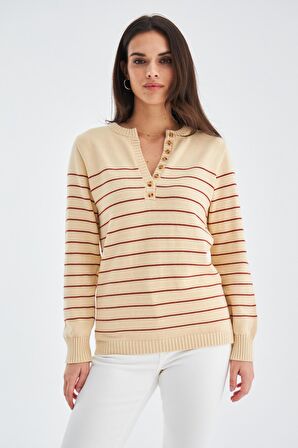 Peraluna BELUGA PULLOVER %100 Pamuk Yazlık Kadın Triko Kazak Koyu Krem/Tarçın