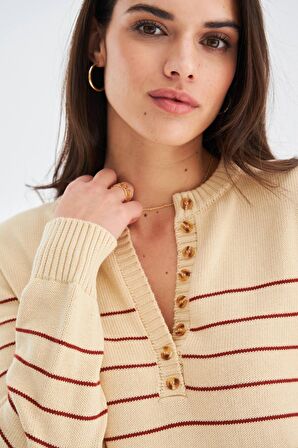 Peraluna BELUGA PULLOVER %100 Pamuk Yazlık Kadın Triko Kazak Koyu Krem/Tarçın