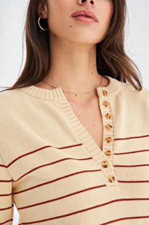 Peraluna BELUGA PULLOVER %100 Pamuk Yazlık Kadın Triko Kazak Koyu Krem/Tarçın