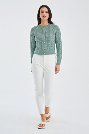Peraluna ELLA CARDIGAN Ajur Detaylı Yazlık Düğmeli Kadın Triko Hırka Nil Yeşil