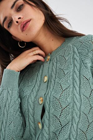 Peraluna ELLA CARDIGAN Ajur Detaylı Yazlık Düğmeli Kadın Triko Hırka Nil Yeşil