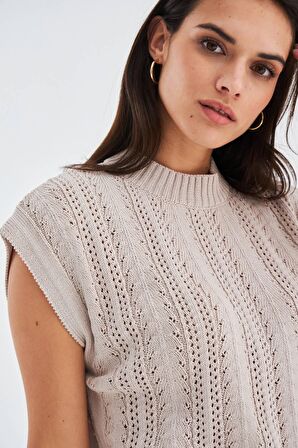Peraluna SİMA BLOUSE Ajur Detaylı Düşük Kollu Yazlık Kadın Triko Bluz Bej