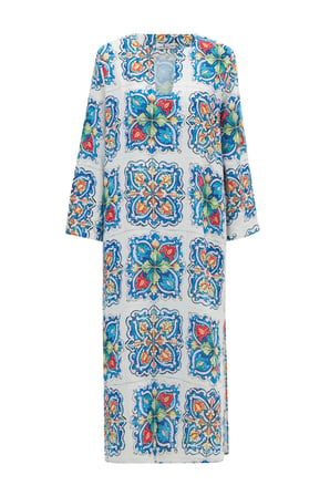 Peraluna RIA CAFTAN Çini Desenli 123 CM Derin Yırtmaçlı Saten Kadın Kaftan Çok Renkli