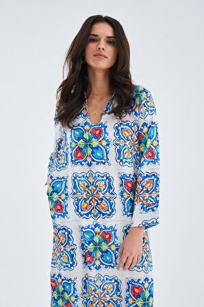 Peraluna RIA CAFTAN Çini Desenli 123 CM Derin Yırtmaçlı Saten Kadın Kaftan Çok Renkli