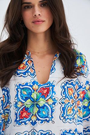 Peraluna RIA CAFTAN Çini Desenli 123 CM Derin Yırtmaçlı Saten Kadın Kaftan Çok Renkli