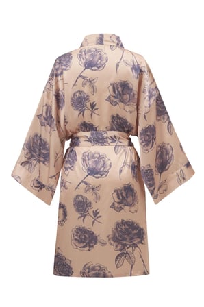 Peraluna ROSA Gül Desenli Diz Hizası Saten Kadın Kimono Koyu Pudra/Mor