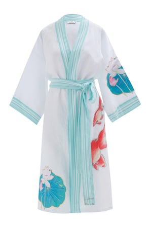 Peraluna LOTUS Balık Aplikeli Keten Karışımlı Diz Altı Kadın Kimono Beyaz