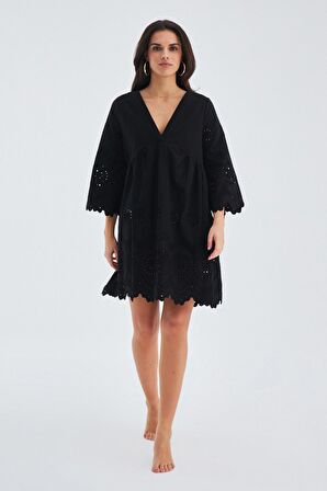 Peraluna HİROMİ DRESS %100 Pamuk 3/4 Kol Diz Hizası Yazlık Kadın Elbise Siyah