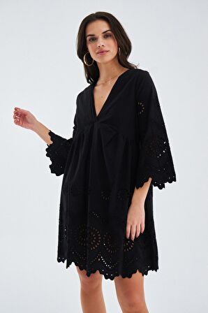 Peraluna HİROMİ DRESS %100 Pamuk 3/4 Kol Diz Hizası Yazlık Kadın Elbise Siyah