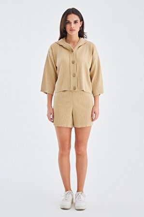 Peraluna MUJO CARDIGAN & SHORTS %100 Pamuk Kadın Triko Şort Takım Bej