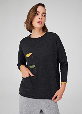 Peraluna Bol Kesim Bisiklet Yaka Üç Cepli Kadın Triko Kazak Antrasit Melanj