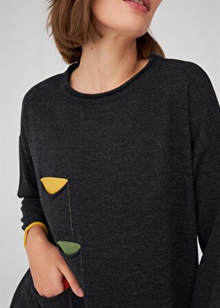 Peraluna Bol Kesim Bisiklet Yaka Üç Cepli Kadın Triko Kazak Antrasit Melanj