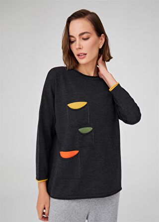 Peraluna Bol Kesim Bisiklet Yaka Üç Cepli Kadın Triko Kazak Antrasit Melanj