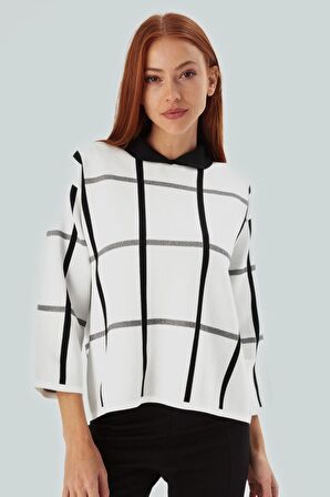 Peraluna GEMMA BLOUSE Bebe Yaka Geometrik Desenli Kadın Triko Bluz Ekru/Siyah