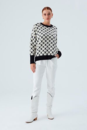 Peraluna DONNA PULLOVER Petek Desenli Kadın Triko Kazak Siyah/Ekru