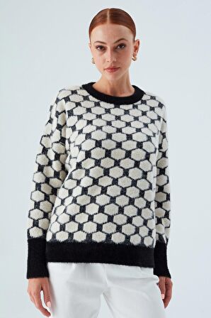 Peraluna DONNA PULLOVER Petek Desenli Kadın Triko Kazak Siyah/Ekru