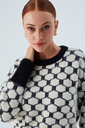 Peraluna DONNA PULLOVER Petek Desenli Kadın Triko Kazak Siyah/Ekru