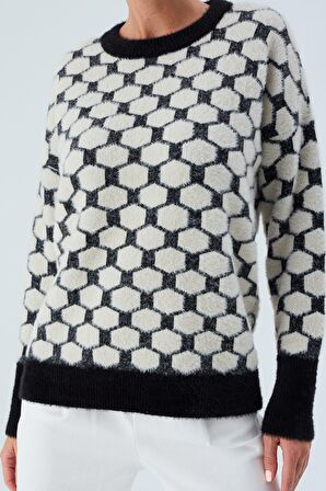 Peraluna DONNA PULLOVER Petek Desenli Kadın Triko Kazak Siyah/Ekru