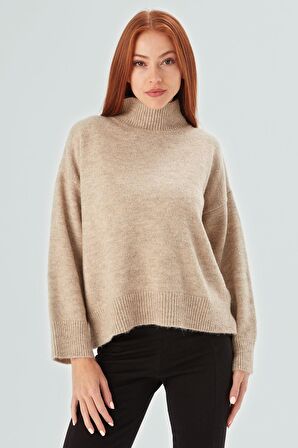 Peraluna MACUMBA PULLOVER Balıkçı Yaka Yumuşak Dokulu Kadın Triko Kazak Bej Melanj