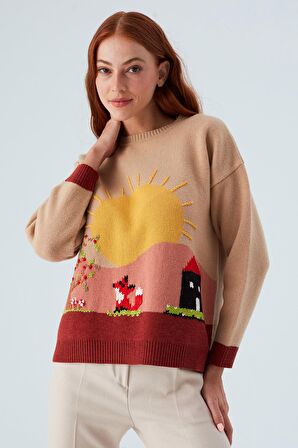 Peraluna SUNNY PULLOVER El İşlemeli Desenli Kadın Triko Kazak Bej/Kahve