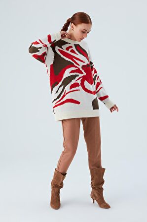 Peraluna POLINA PULLOVER Çiçek Desenli Uzun Kadın Triko Kazak Ekru Multi