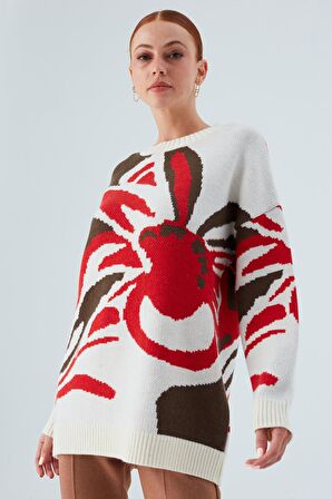 Peraluna POLINA PULLOVER Çiçek Desenli Uzun Kadın Triko Kazak Ekru Multi