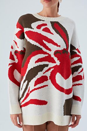 Peraluna POLINA PULLOVER Çiçek Desenli Uzun Kadın Triko Kazak Ekru Multi