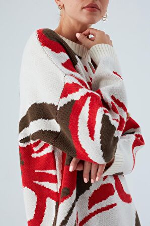 Peraluna POLINA PULLOVER Çiçek Desenli Uzun Kadın Triko Kazak Ekru Multi