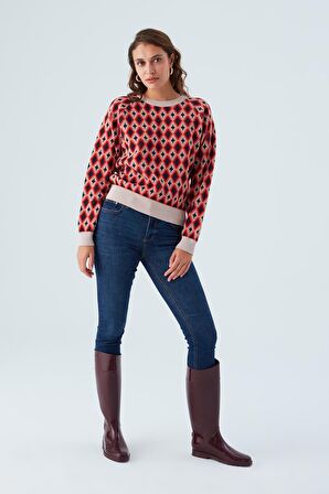 Peraluna TRUDY PULLOVER Baklava Desenli Standart Kesim Kadın Triko Kazak Multi Pudra