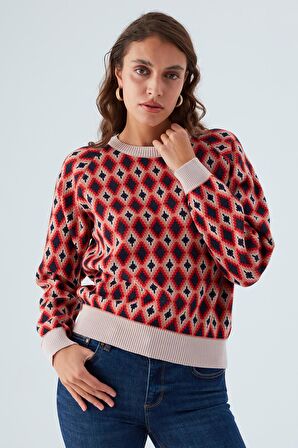 Peraluna TRUDY PULLOVER Baklava Desenli Standart Kesim Kadın Triko Kazak Multi Pudra